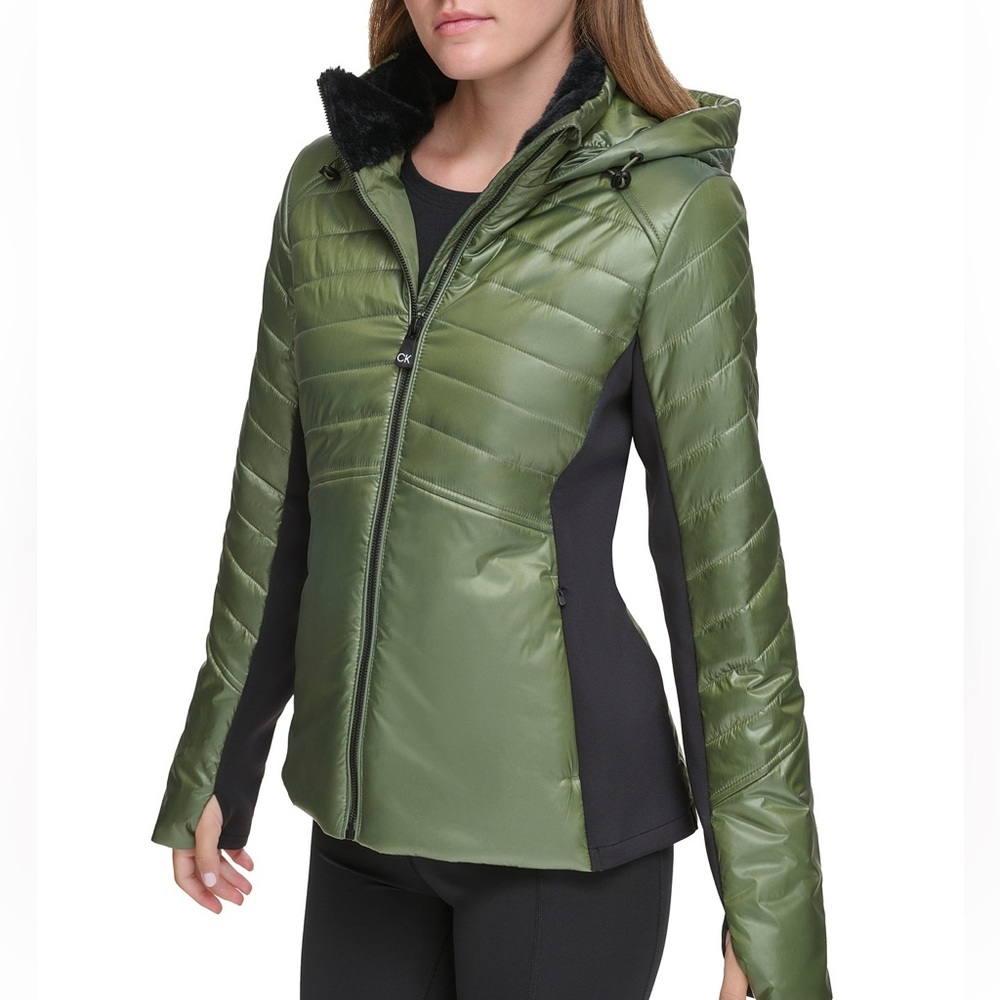 Calvin Klein Performance Women Black Hooded Puffer‎ Jacket Faux Fur Trim Zip